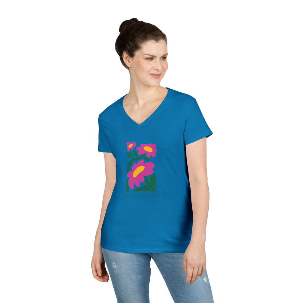 Ladies' V-Neck T-Shirt - fitted- bloom where you are planted