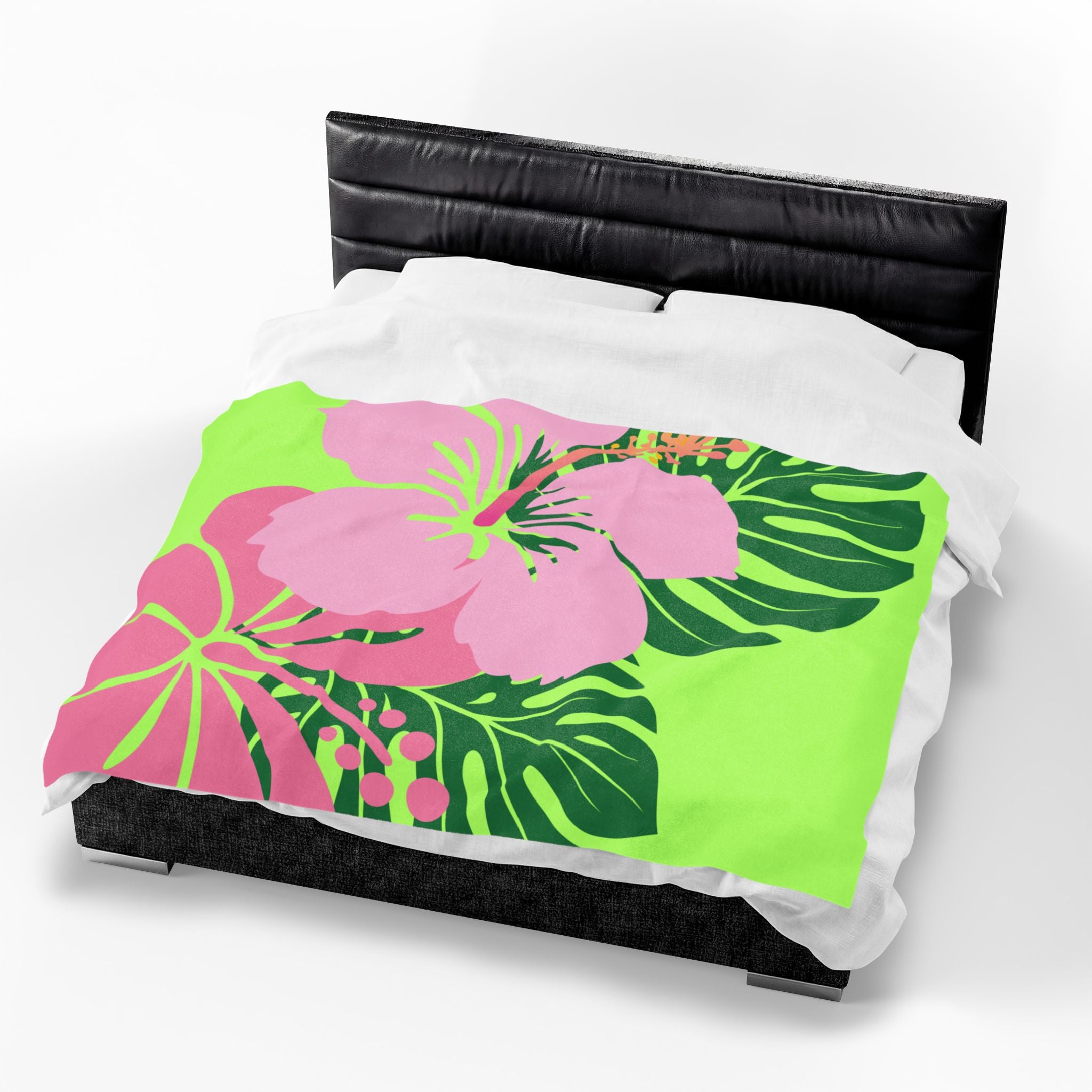 Plush Blanket - Tropical Pink Flowers Green Leaves (soft)