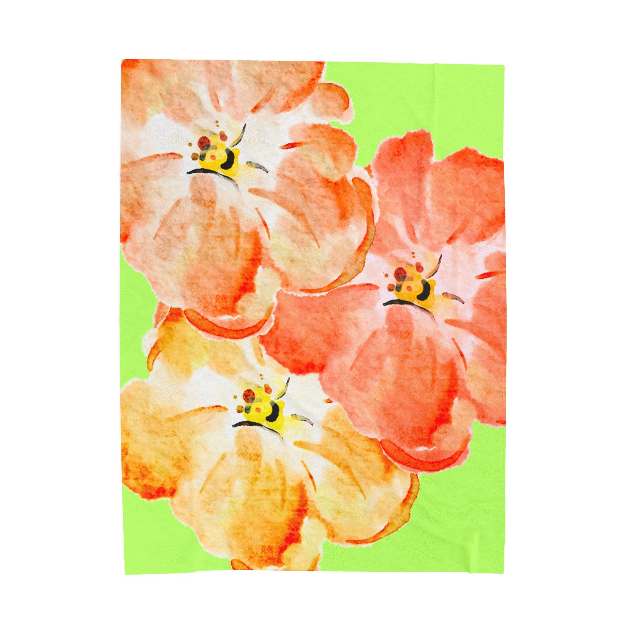 Plush Blanket - Tropical Green Orange Flowers (Super Soft)