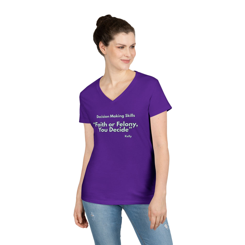 Ladies' V-Neck T-Shirt - Fitted - faith or felony