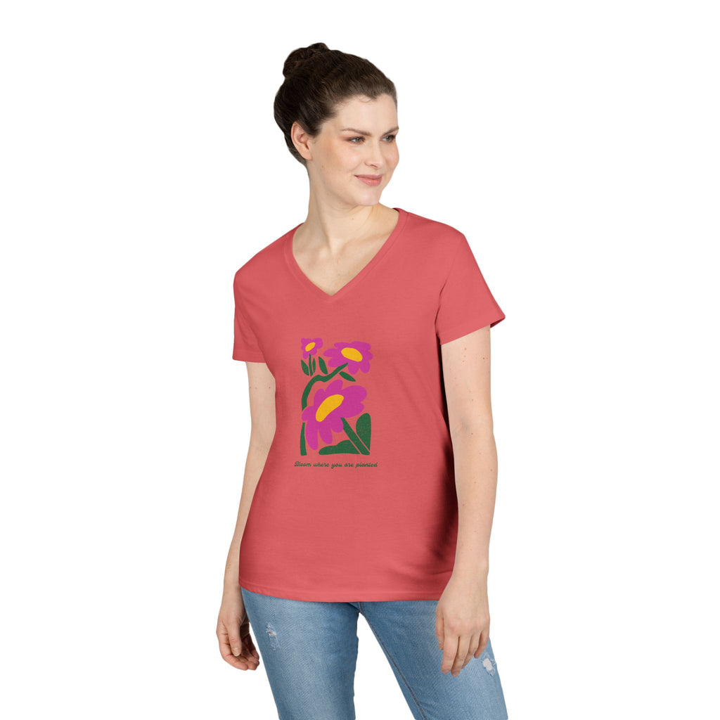 Ladies' V-Neck T-Shirt - fitted- bloom where you are planted