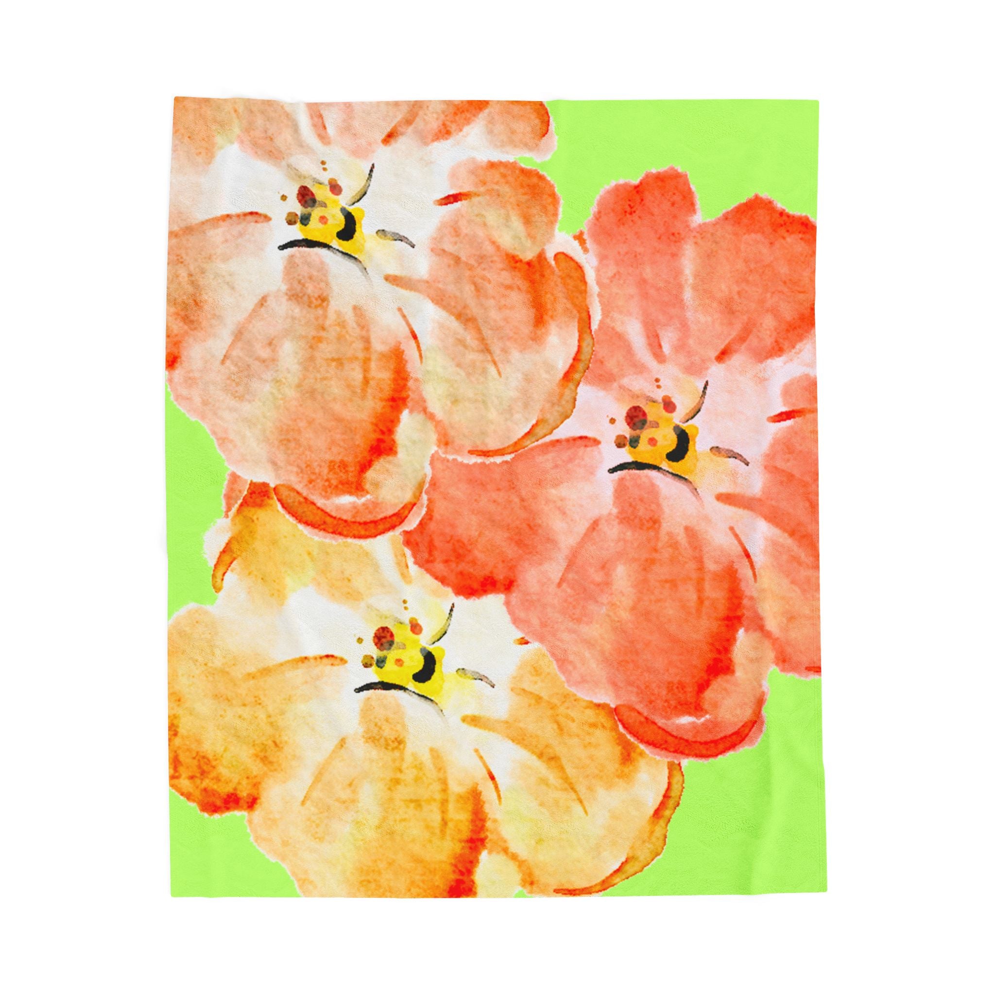 Plush Blanket - Tropical Green Orange Flowers (Super Soft)