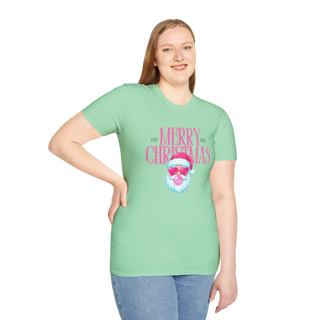 Ladies Soft Relaxed Tee- Santa (Cool Santa) pink