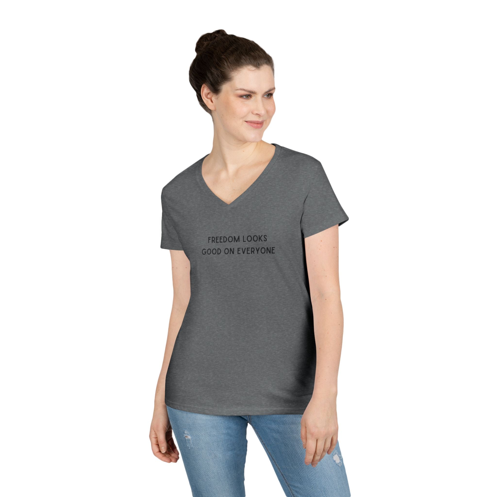 Ladies Fitted V Neck Soft Tee- Freedom Looks Good