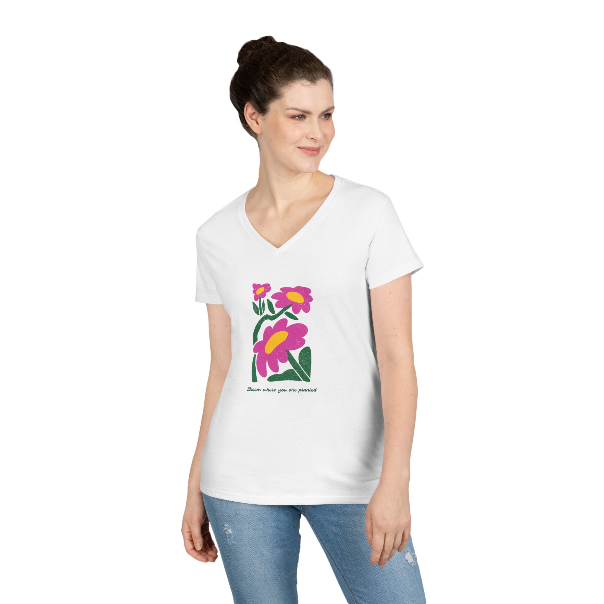 Ladies' V-Neck T-Shirt - fitted- bloom where you are planted