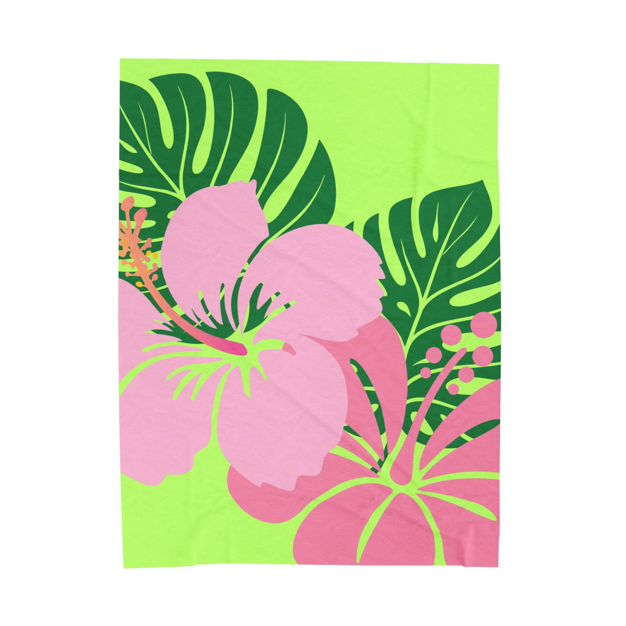Plush Blanket - Tropical Pink Flowers Green Leaves (soft)
