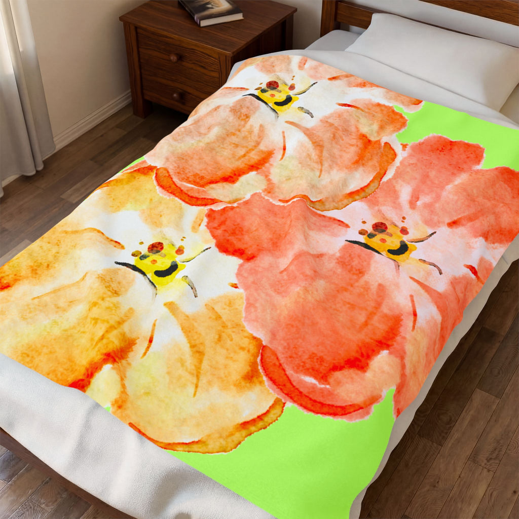 Plush Blanket - Tropical Green Orange Flowers (Super Soft)
