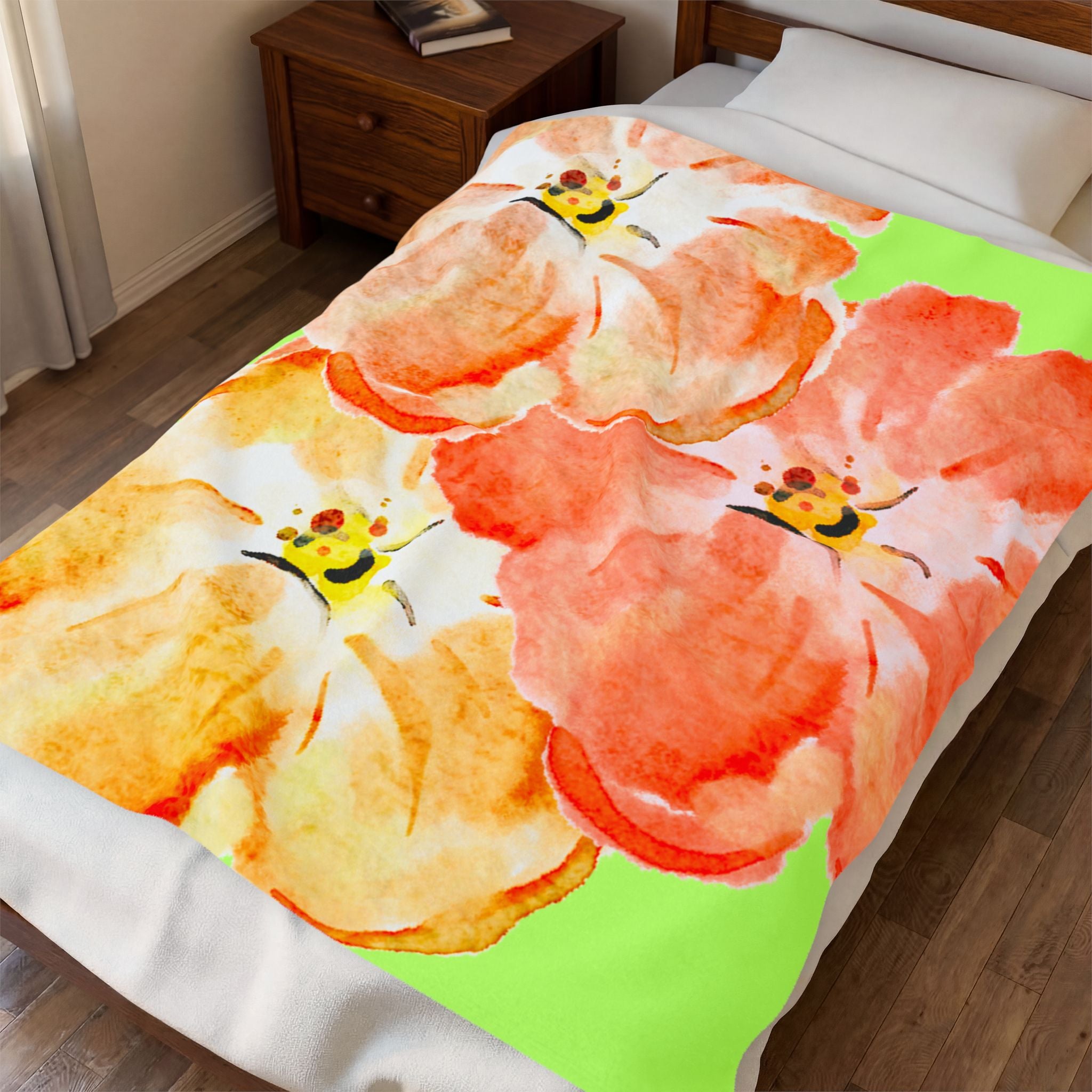 Plush Blanket - Tropical Green Orange Flowers (Super Soft)