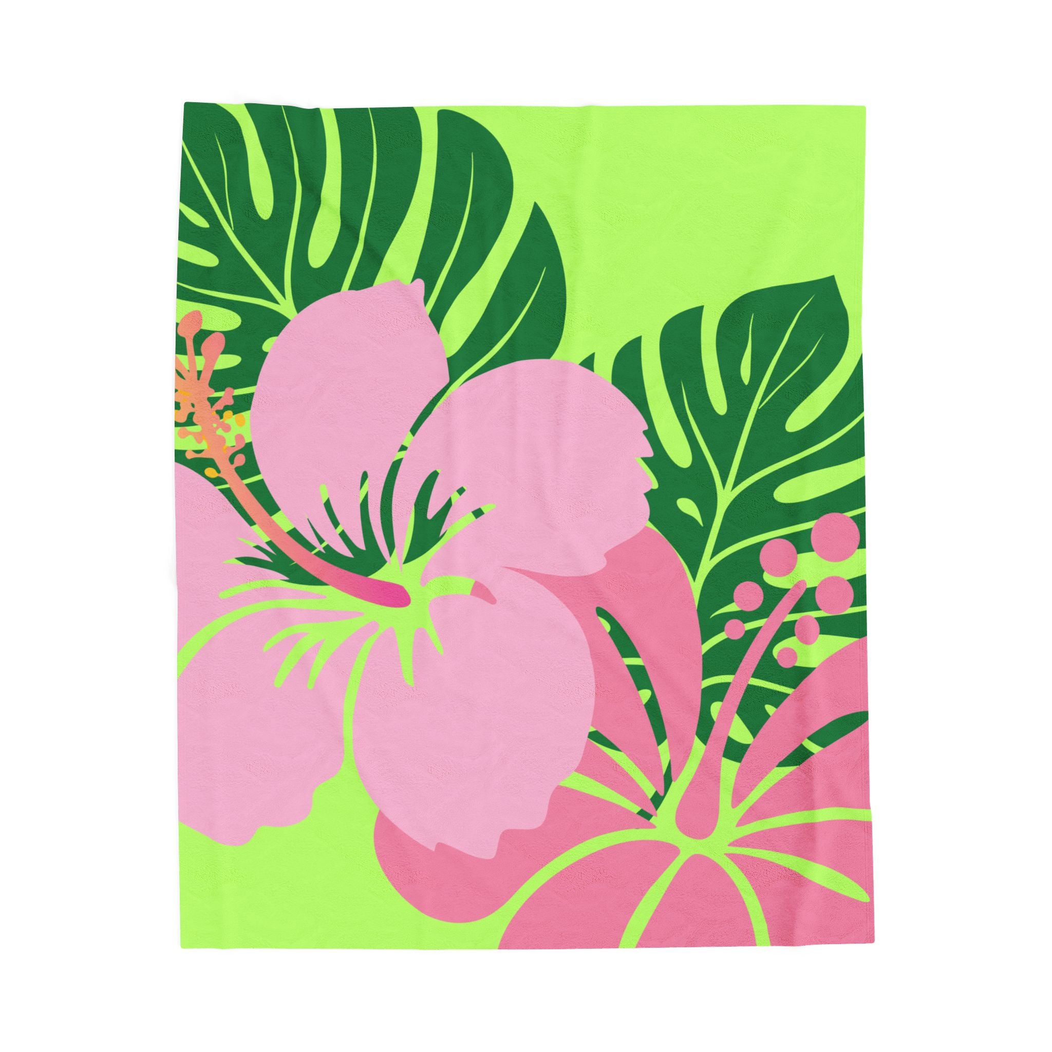 Plush Blanket - Tropical Pink Flowers Green Leaves (soft)