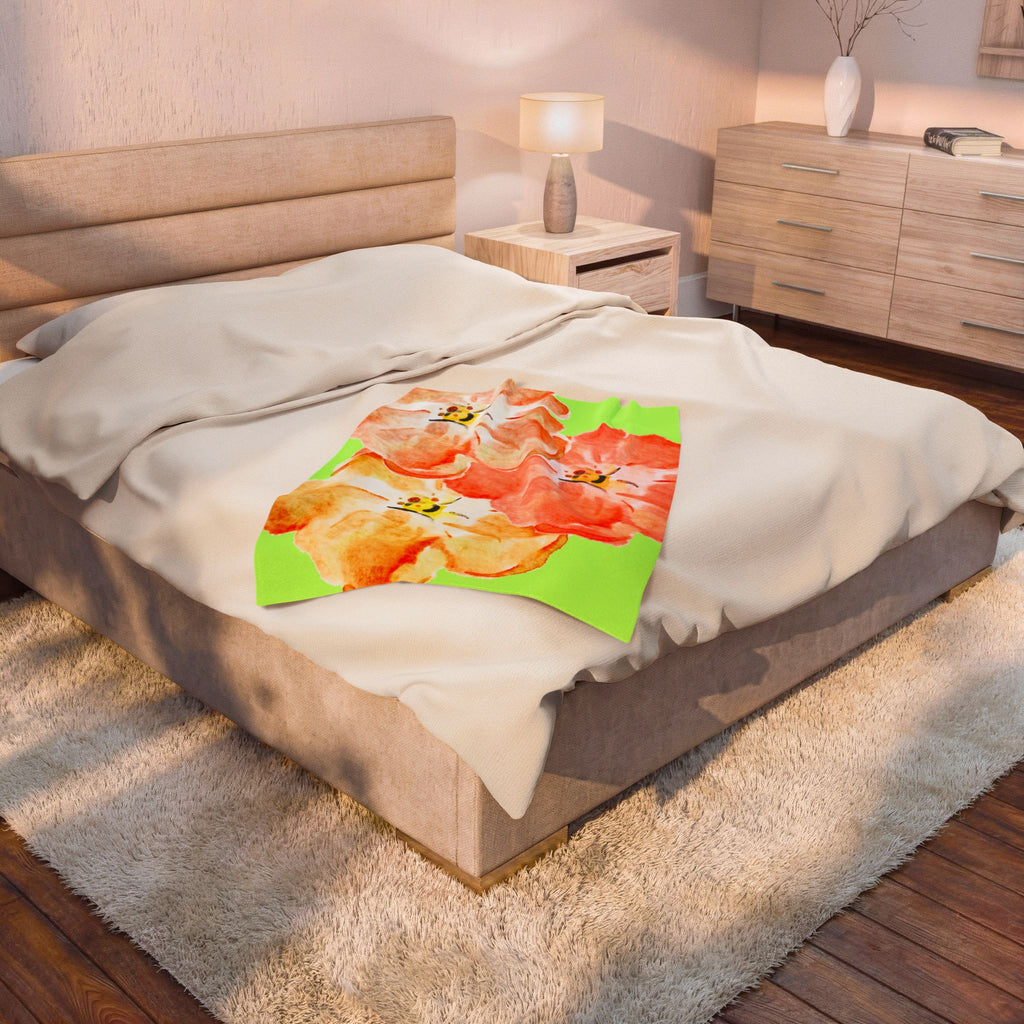 Plush Blanket - Tropical Green Orange Flowers (Super Soft)