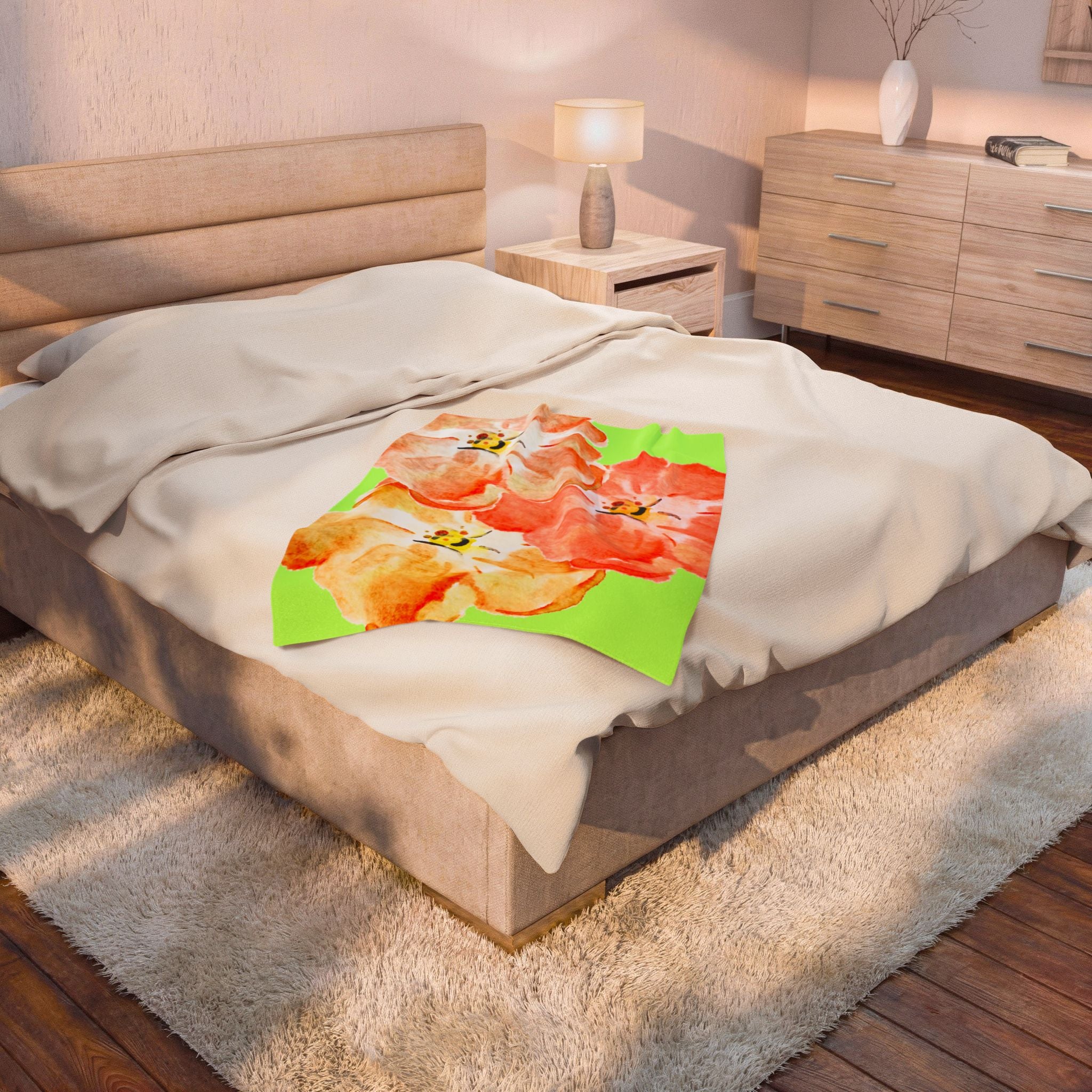 Plush Blanket - Tropical Green Orange Flowers (Super Soft)