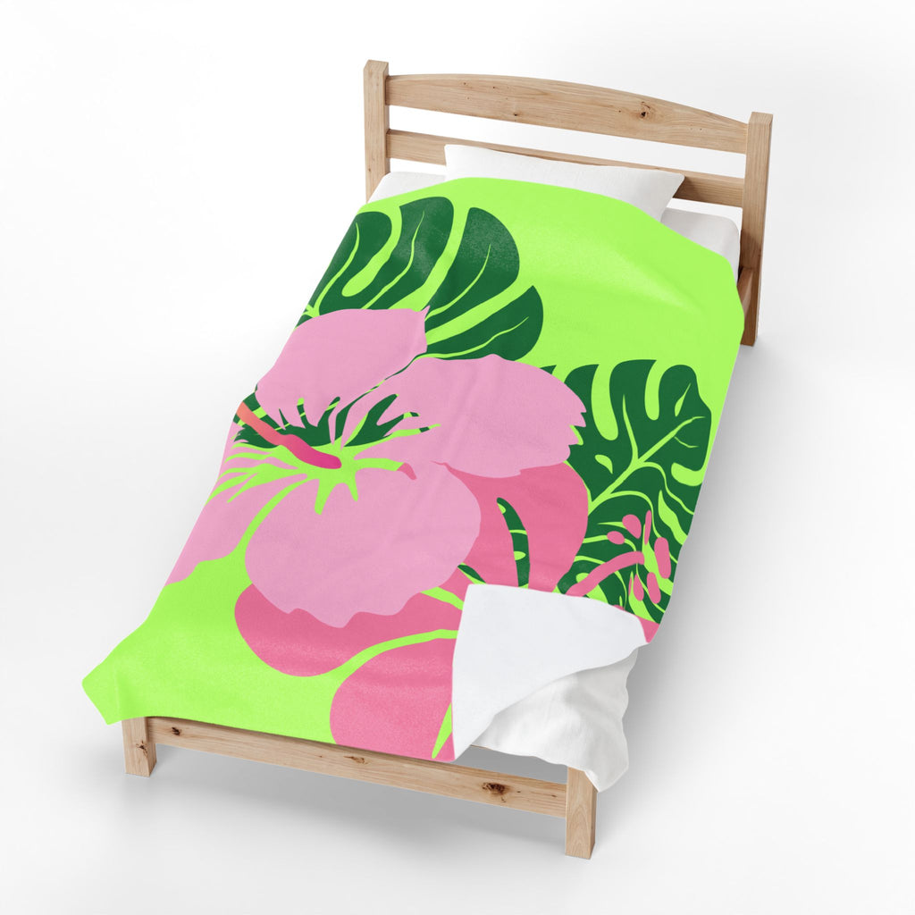 Plush Blanket - Tropical Pink Flowers Green Leaves (soft)