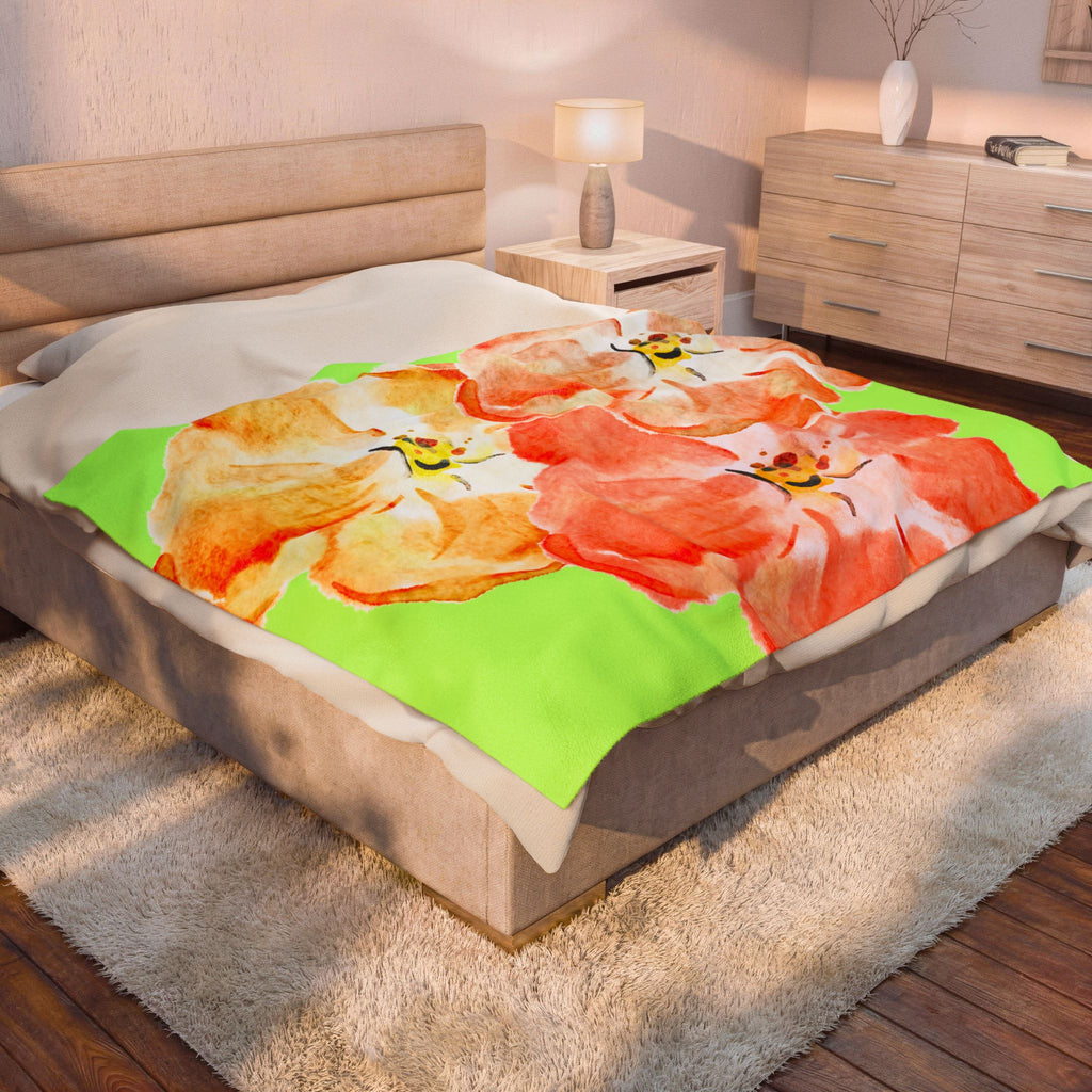 Plush Blanket - Tropical Green Orange Flowers (Super Soft)