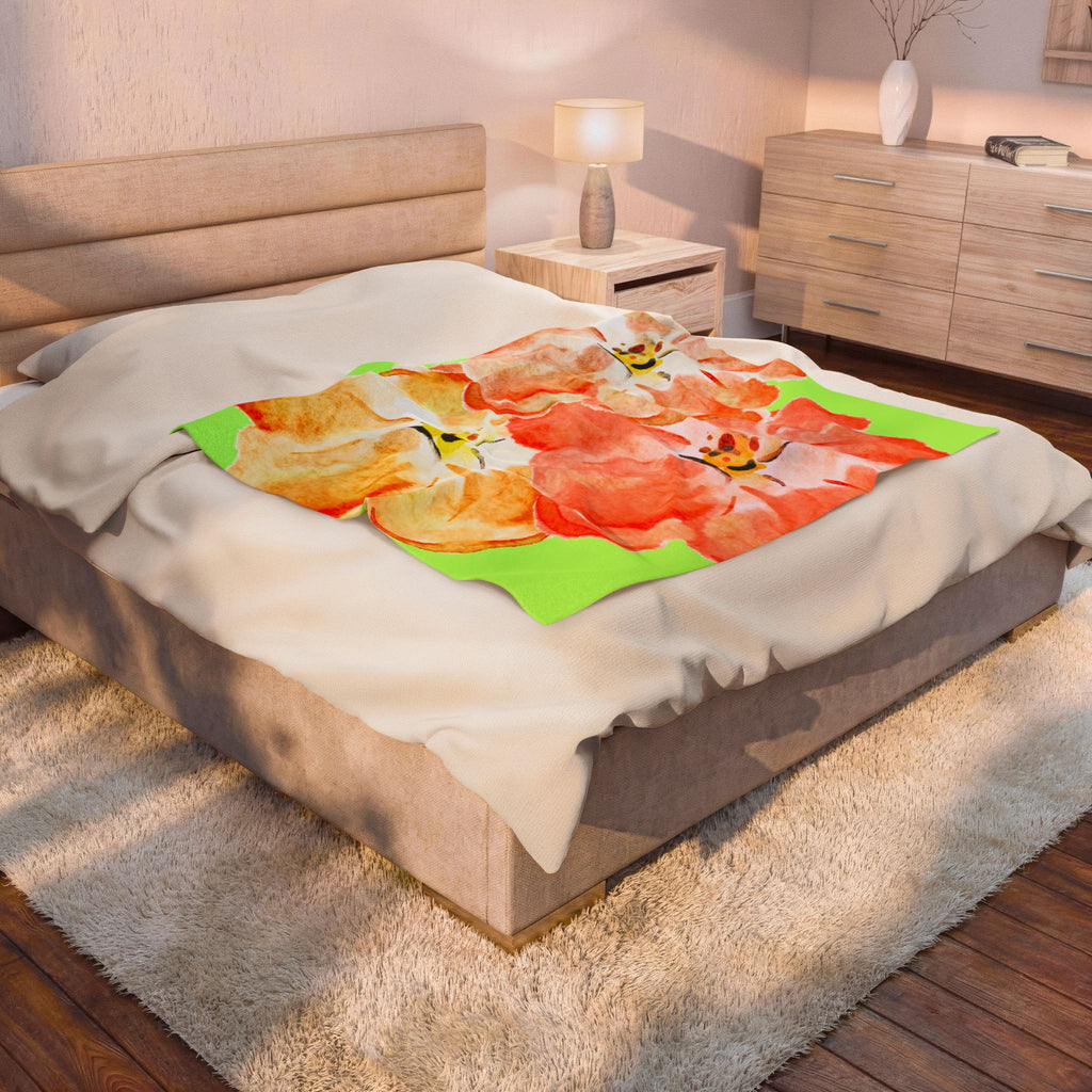 Plush Blanket - Tropical Green Orange Flowers (Super Soft)