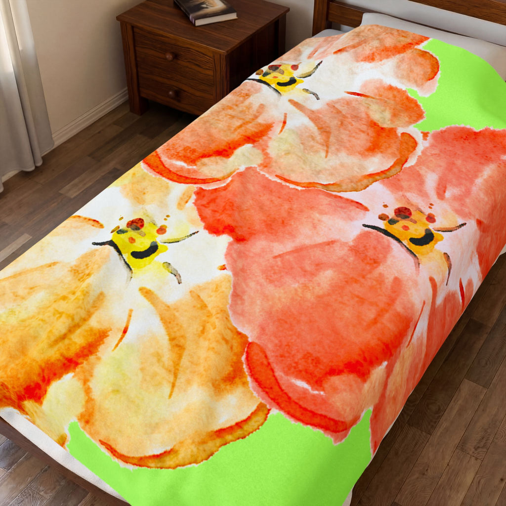 Plush Blanket - Tropical Green Orange Flowers (Super Soft)