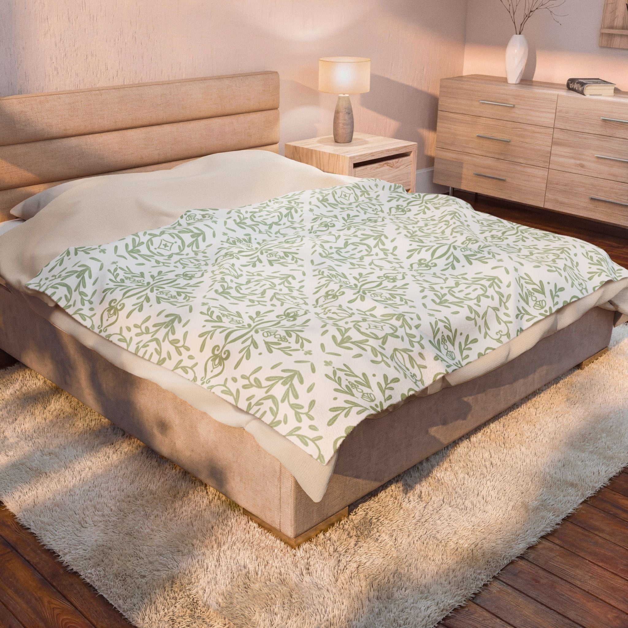 Velveteen Plush Blanket - Green French Toile