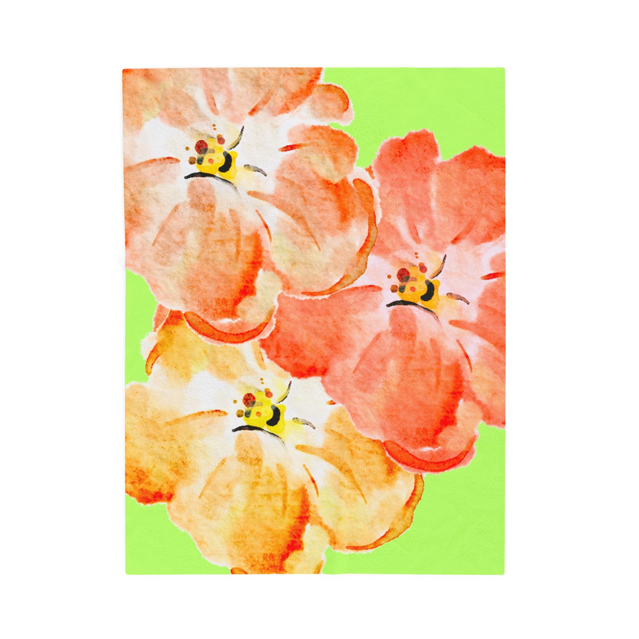 Plush Blanket - Tropical Green Orange Flowers (Super Soft)
