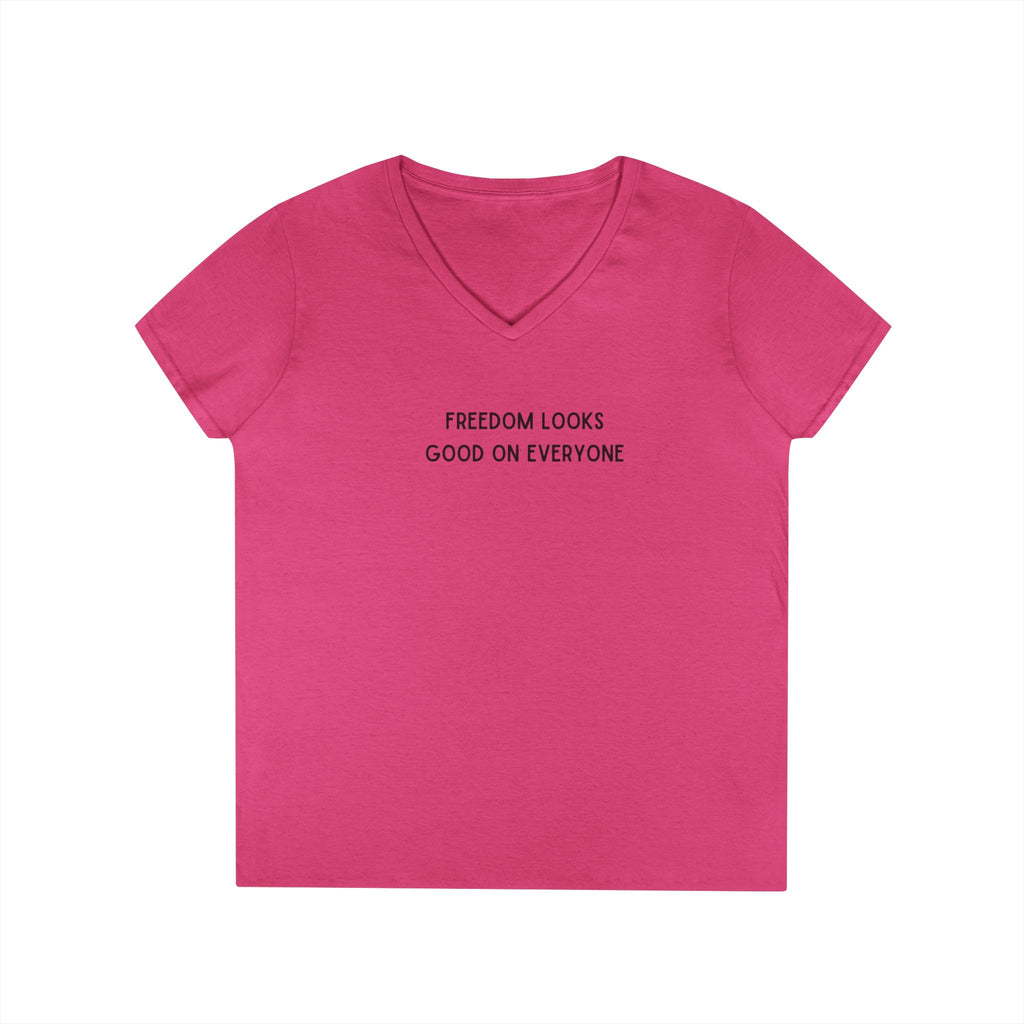 Ladies Fitted V Neck Soft Tee- Freedom Looks Good