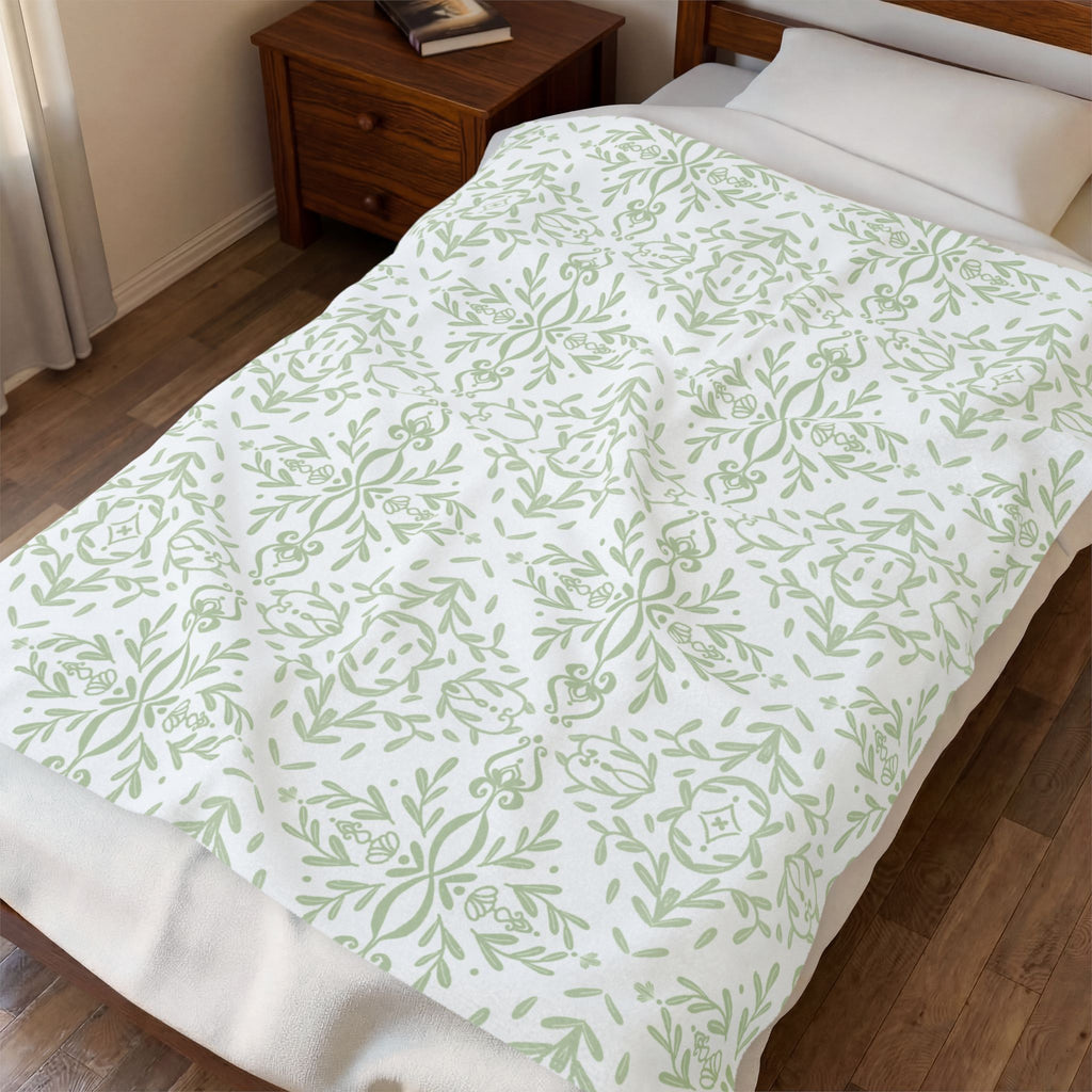 Velveteen Plush Blanket - Green French Toile
