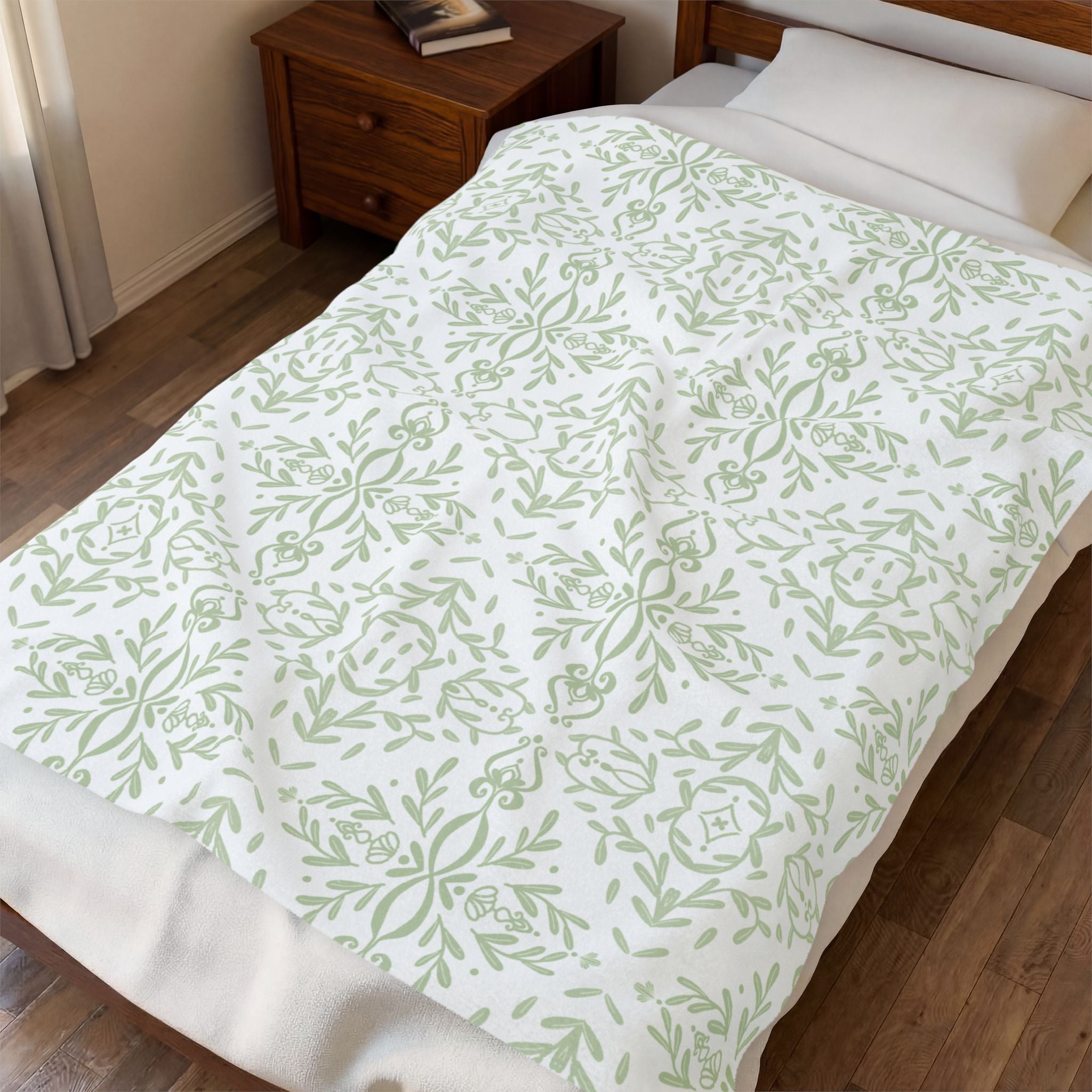Velveteen Plush Blanket - Green French Toile