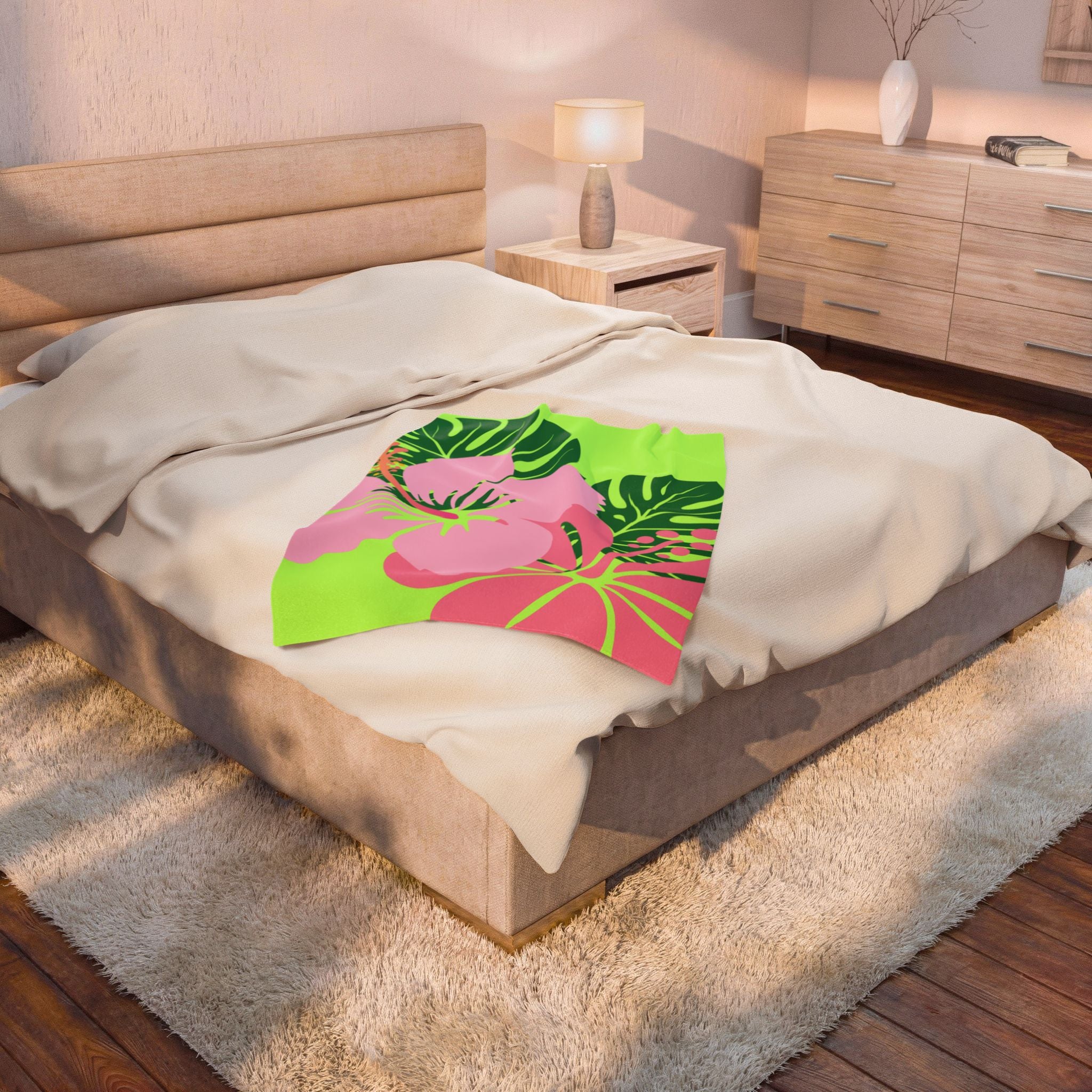 Plush Blanket - Tropical Pink Flowers Green Leaves (soft)
