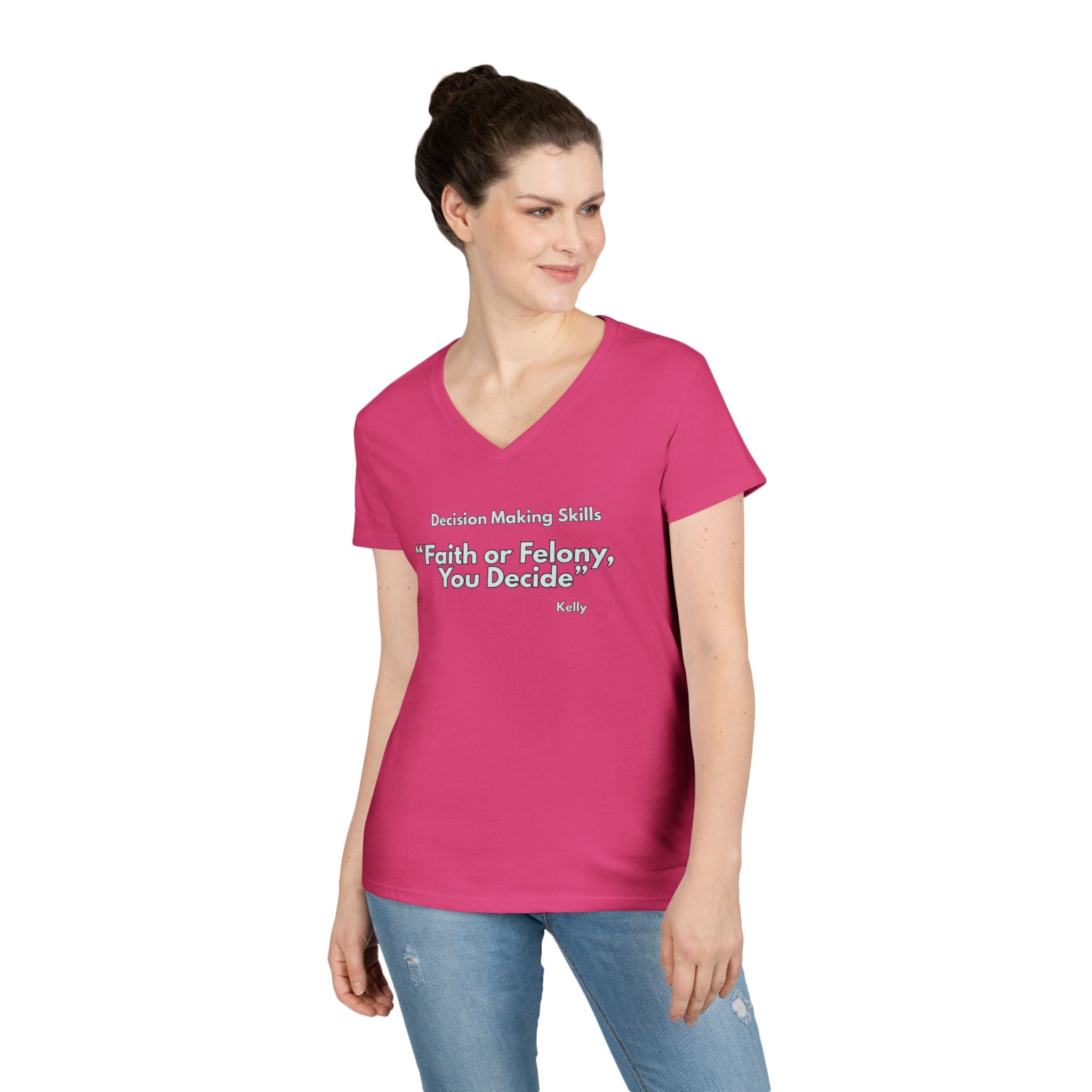 Ladies' V-Neck T-Shirt - Fitted - faith or felony