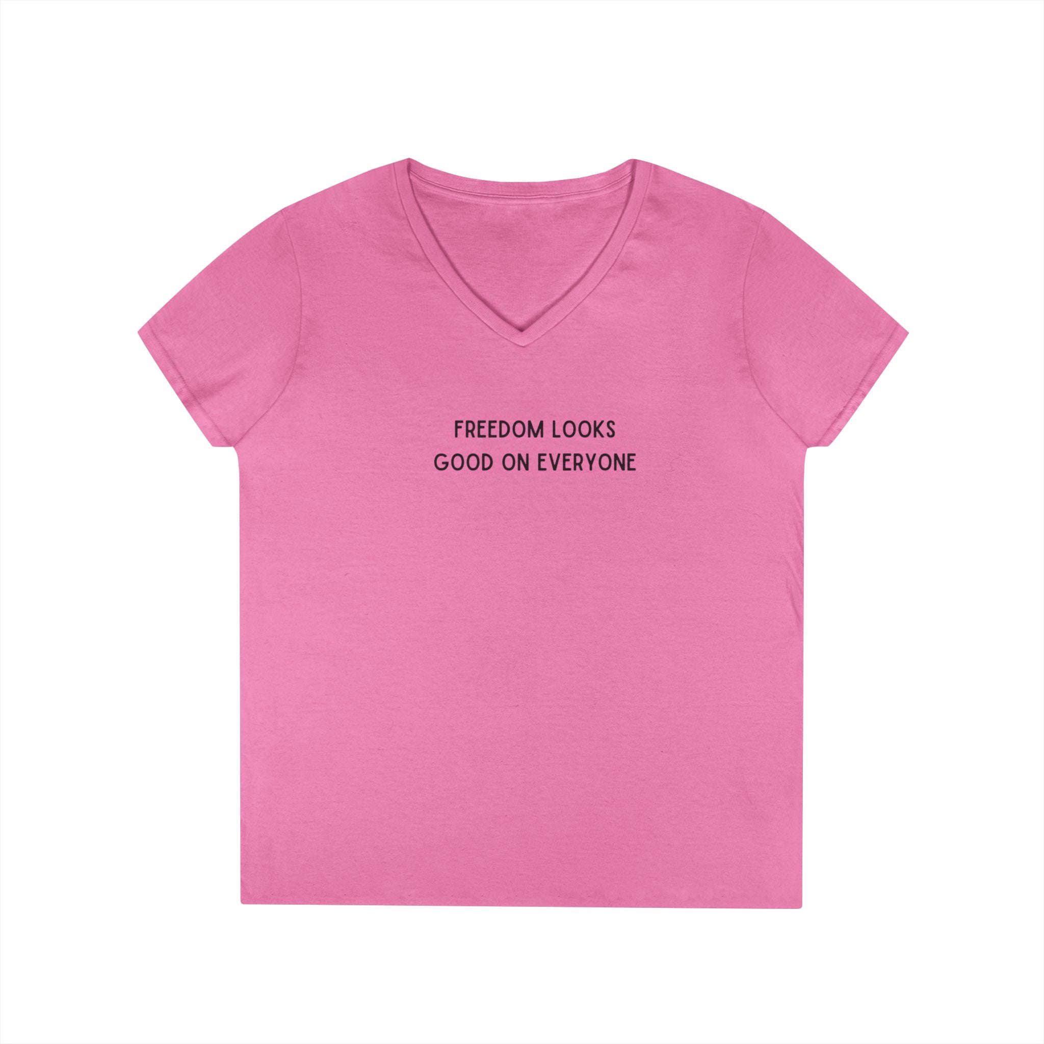 Ladies Fitted V Neck Soft Tee- Freedom Looks Good