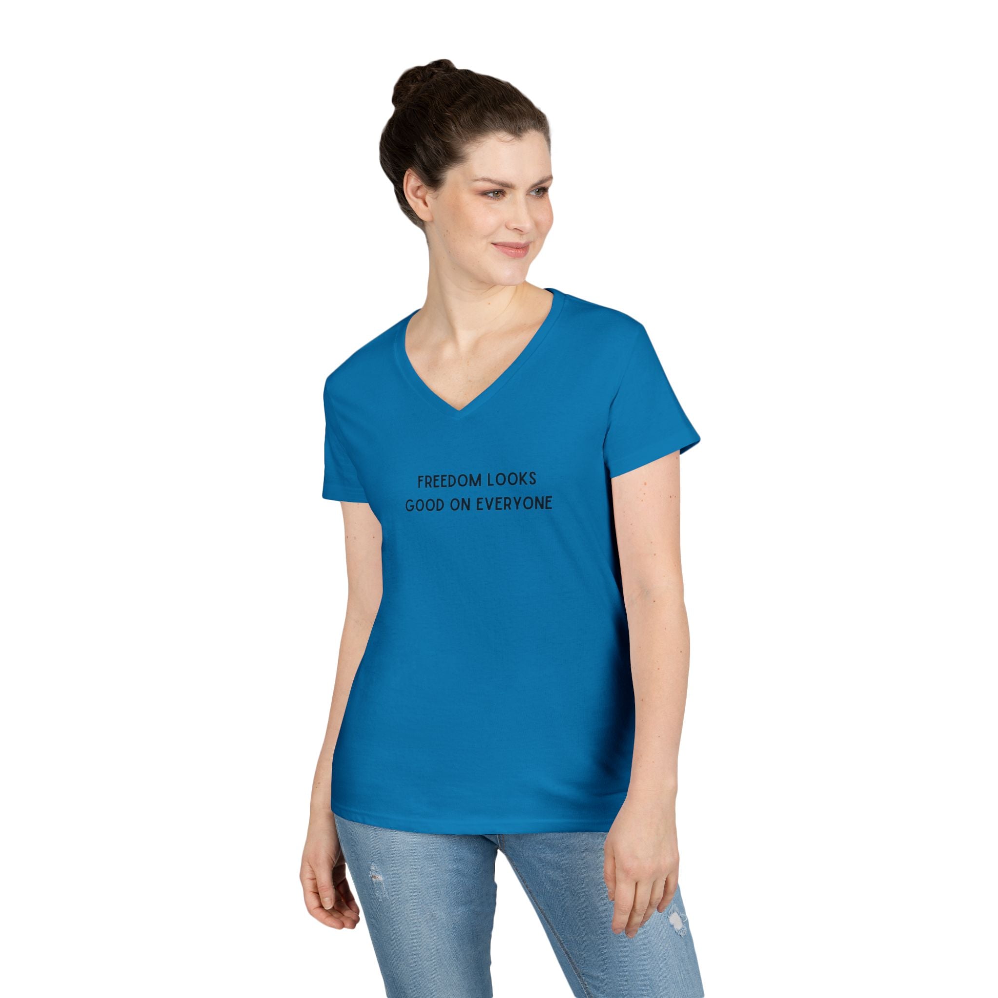 Ladies Fitted V Neck Soft Tee- Freedom Looks Good