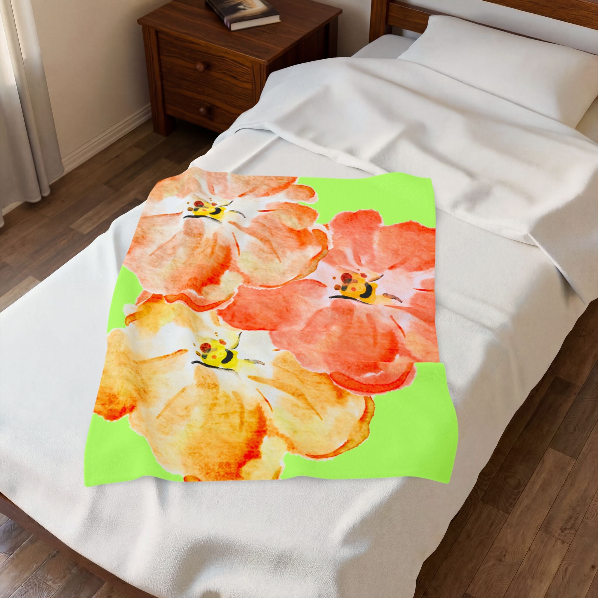 Plush Blanket - Tropical Green Orange Flowers (Super Soft)