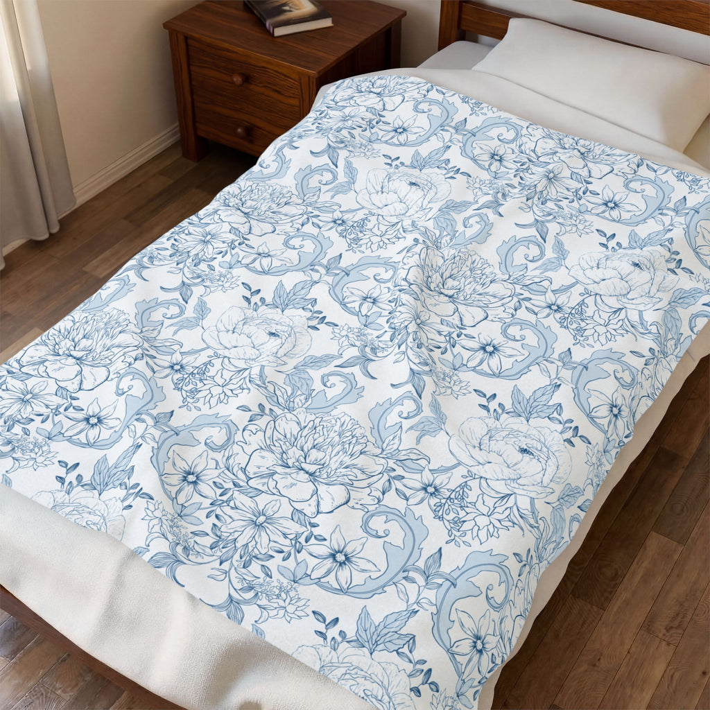 Velveteen Plush Blanket - Blue French Toile